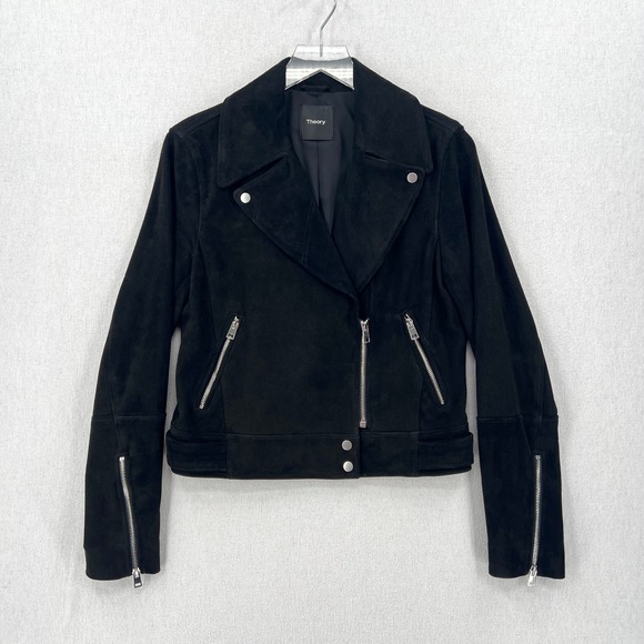 THEORY Suede Moto Jacket Womens Medium Black Downtown Biker Capsule Minimalist - Picture 1 of 13